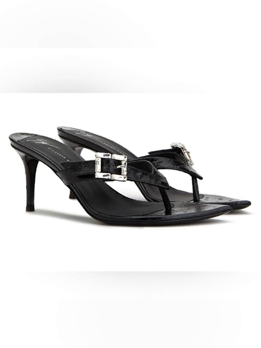 NWB Giuseppe Zanotti Naomee Black Crystal-Buckle Thong Heels, EU 37=US 7.0